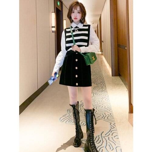 Lapel shirt+Striped knitted vest+Single breasted A Three piece half skirt suit for women in spring High Quality Top Quality