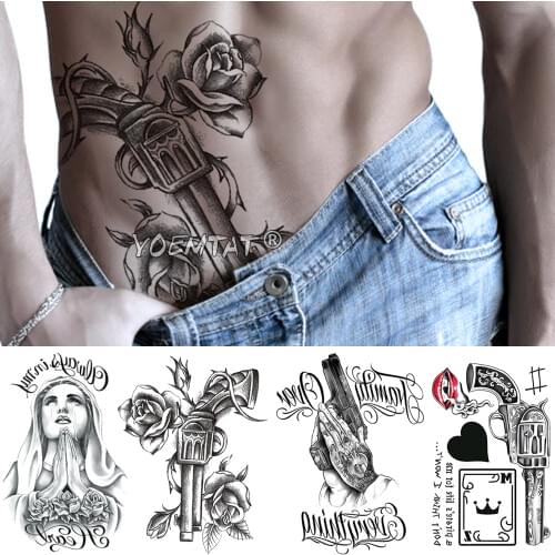 Praying Spades Arm Temporary Tattoo Sticker Gun Rose Flower Waterproof Tatto Virgin Mary Body Art Fake Tatoo Men Women