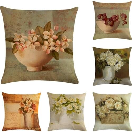 Vintage Flower Cushion Cover Cotton Linen Floriculture Pillowcase Oil Painting Decorate 45x45cm Potted plant Throw Pillow Cover