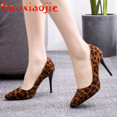 Gaoxiaojie 2021 Womens Pumps 9.5CM Fashion Flock Pointed Toe High Heels Sexy Leopard Print Four Seasons Office Shoes Size 41