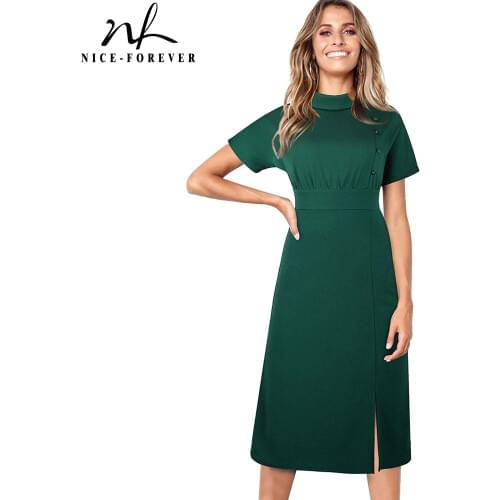 Nice-forever Summer Black Color with Button Elegant Work Dresses A-Line Women Formal Dress A238