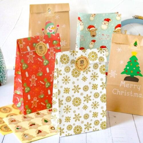 12sets Christmas Gift Bags Santa Claus Snowflake Kraft Paper Bag Xmas Party Candy Cookie Packaging Bags DIY Wrapping Supplies