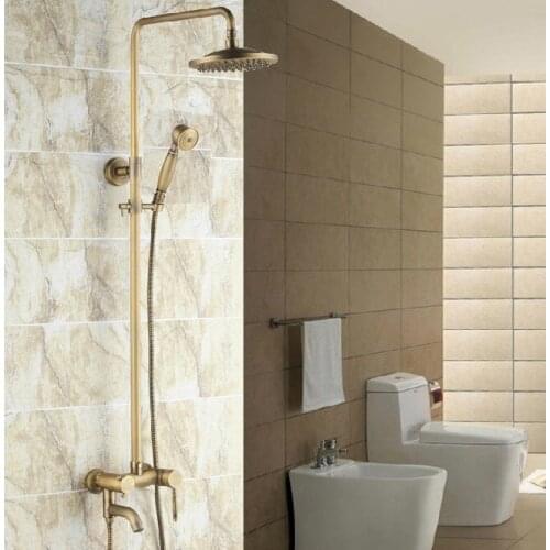 Antique Brass Single Handles Bathroom Rain Shower Faucet Set tub Mixer Tap + 8" Round Rainfall Shower Head + Handshower ars041