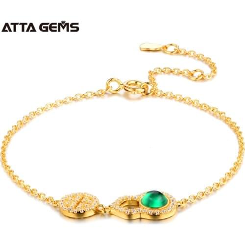 ATTAGEMS 18K Yellow Gold Moissanite Diamond Emerald Gemstone Bangle Charm Wedding Gourd Bracelet Extension Chain Fine Jewelry
