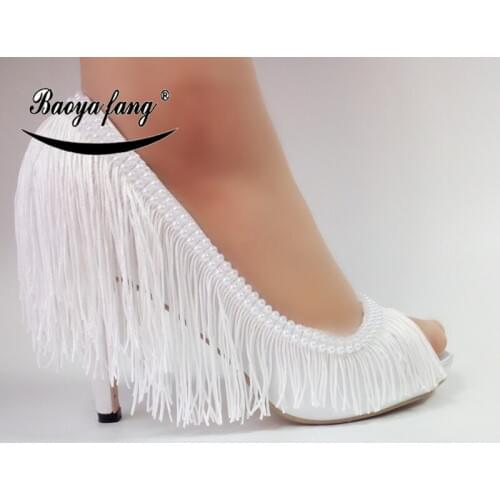 BaoYaFang New Arrival White Tassels Fish Toe Womens Wedding Shoes 8cm/10cm High heels Pumps woman fashion shoes Peep Toe