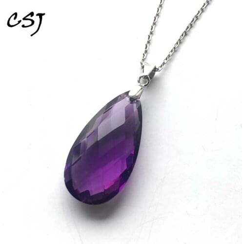 CSJ Water Drop Natural Amethyst Pendants Sterling 925 Silver Fine Jewelry Necklace Women Femme Wedding Engagement Party Gift