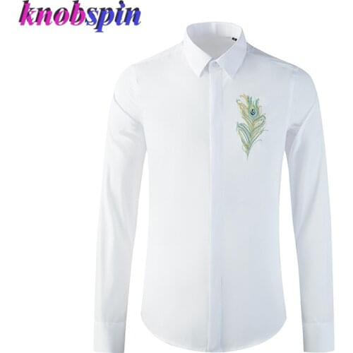 Elegant Feather Embroidery Men Shirt Long Sleeve Slim Chemise homme High quality Cotton Business Male Dress Shirts Plus size
