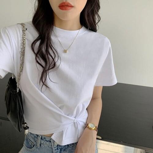 Cotton White Tees female Round Neck Hem side buckle Short Sleeve Summer 2021 New T-shirt Female Casual Solid Tshirts Women 613A