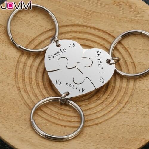 Jovivi New Personalized Custom Initial Name Heart Puzzle Keychain Stainless Steel Family Best Friends BFF Jigsaw Pieces Key Ring