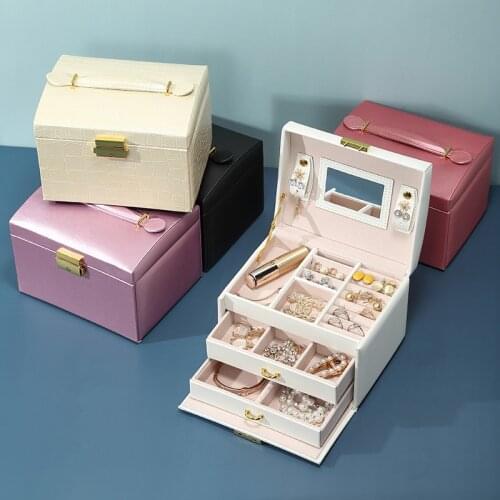 MOONLAY New Style Jewelry Organizer Box PU Leather 3-Layer Earrings and Necklace Mirror Make Up Storage With Lock Cases Holder