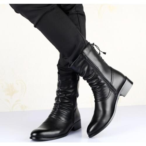 Winter Pointed Toe Mens Mid-calf Boots Increased To Leather Mens Boots Long Tube Mens Winter Boots