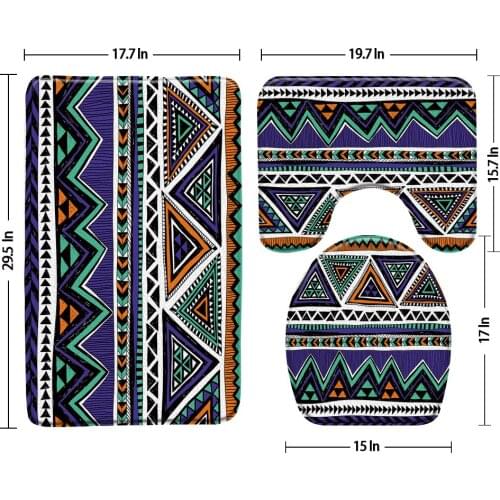 Geometric Lines Ethnic Pattern 3Pcs Set Bath Mat Floor Mat U-Shaped Flannel Pad Bathroom Rug Carpet Anti Slip Toilet Seat Cover