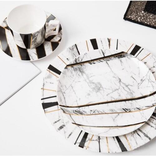 Bone China Cup Kit And Plate Set Twill Marbling Cup and Saucer Western Restaurant Steak Dishes Dessert Tray Household Cup Set