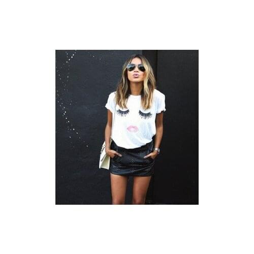 New Hot Fashion Womens T-shirt Summer Eyelash Red Lips Print Short Sleeve T-shirts Tee Tops