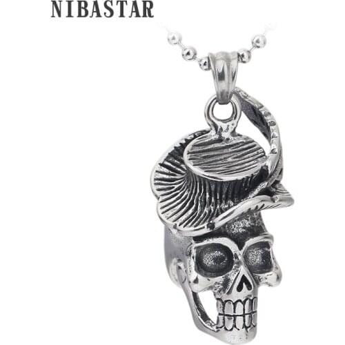 316L Stainless steel hat skull pendant necklace men Gothic punk retro Man jewelry