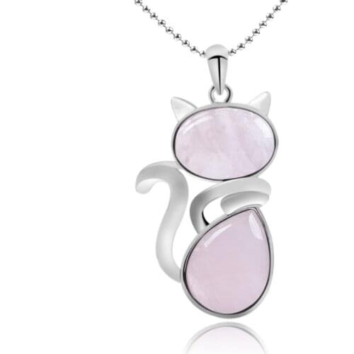 Natural Stone Necklaces Pink Quartz Pendants for Women Girl Cute Cat Shape Rock Black Onyx Beads Chain Jewelry