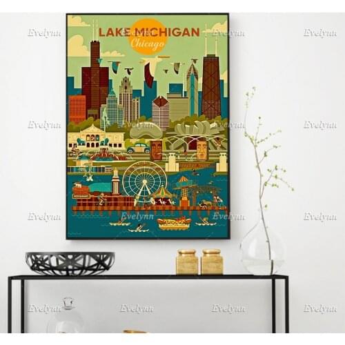 Chicago Lake Michigan Poster, Skyline, Michigan Landscape,Living Room Decoration Home Decor Canvas Wall Art Prints Unique Gift