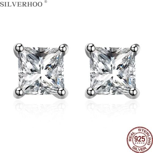 SILVERHOO 925 Sterling Silver Earrings For Women Geometry Square Cubic Zirconia Stud Earring Female Wedding Engagement Jewelry