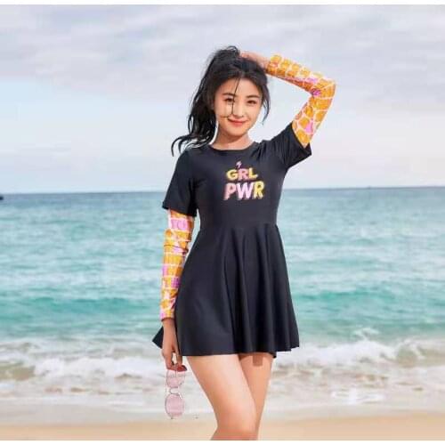 Sanqi Female Conservative One-Piece Swimsuit Womens Skinny Skirt-Style Student Boxer Hot Spring Long-Sleeved Swimwear Swimming
