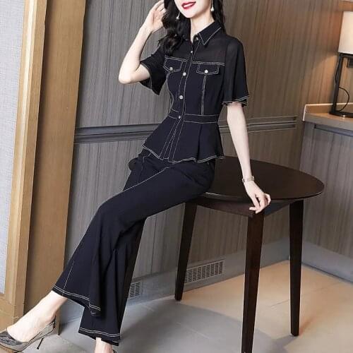2021 New Summer Women Set Korean Large Size Fashion Patchwork Shirt And Wide Leg Pants Two Piece Suit Temperament Outfit 3XL 240