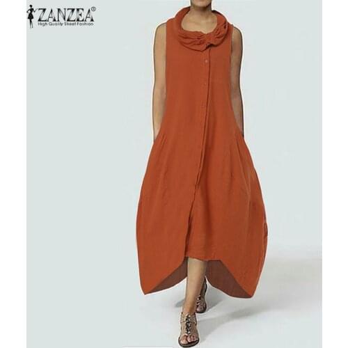 Women Sleeveless Solid Loose Mid-calf Dress 2021 ZANZEA Casual Asymmetrical Hem Party Vestidos Sarafans Fashion Summer Sundress