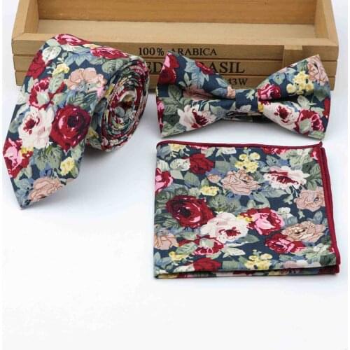 Floral Cotton Neck Tie Set For Men Slim Tie Necktie Bowtie Handkerchief Papillon Wedding Bowties Cravat Corbatas