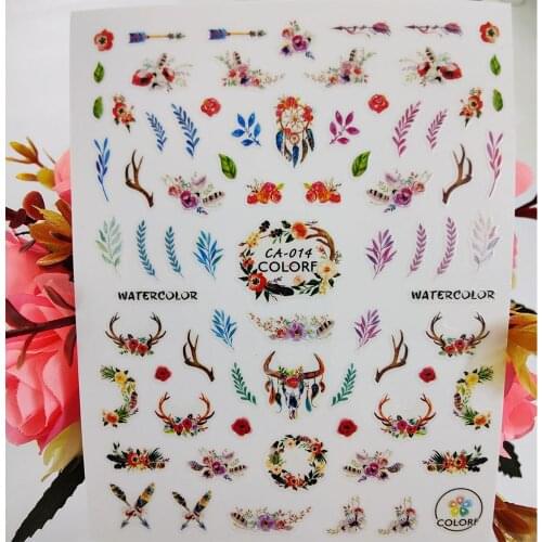 3D Nail Stickers boho Style Design Nail Supplies Watercolor Flowers Deer Nails Art Decoraciones Foil Decals Manicure Accessories