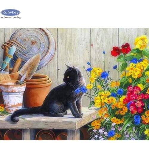 5d Diy Diamond Painting Garden black cat flower full square round drill diamond embroidery diamond mosaic home puzzle decoration