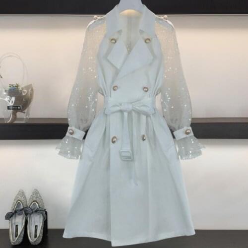 Double-breasted windbreaker women fahion spring autumn slim belted mesh patchwork trench coat