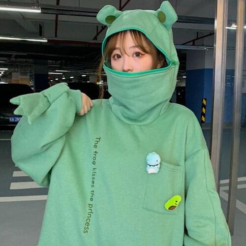 Harajuku Hoodie Women Frog Pullover Sense Hooded Casual Sweatshirts Embroidery Loose Top Doll Decoration Teenagers Clothes