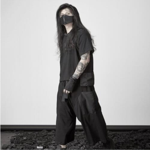 Personality Hooded T-shirt Summer Breathable Cotton Original Japanese Dark Black Trendy Men Casual Short Sleeve Slim Fit