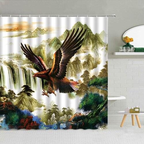 Chinese Traditional Landscape Ink Painting Shower Curtain Big Eagle Waterfall Forest Scenery Bathroom Decor Waterproof Curtains