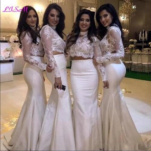 Vestios de noiva 2020 Two Pieces Lace Mermaid Evening Dresses High Neck Satin Long Formal Prom Gowns Maid Of Honor