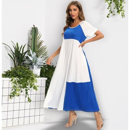 Fridayin Summer Stylish Elegant Patchwork A-Line Vestidos Casual Contrast Color Loose Short Sleeve O-Neck Loose Long Dress