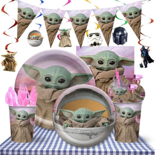 Mandalorian Yoda Baby Theme Happy Birthday Party Decorations Balloon Baby Yoda Cups Flags Plates Baby Shower Party Supplies Gift