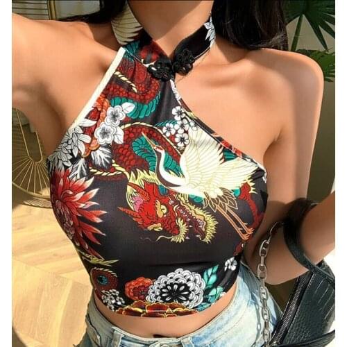 Fashion Ladies Chinese Style Tops Dragon Floral Tee Backless Sleeveless Neck Buckle Slim Sexy Summer Streetwear Crop Top Tank