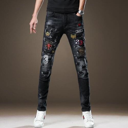 Free Shipping 2019 New mens male denim pants jeans Autumn Embroidered Hole Black Slim Patch Embroidered Tide Brand Trousers