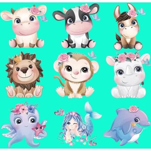 Set Of Cow whale Lion Iron-on Patches For Clothing Children T-shirt Decoration Heat Transfer Patches Garment Appliqued Sticker