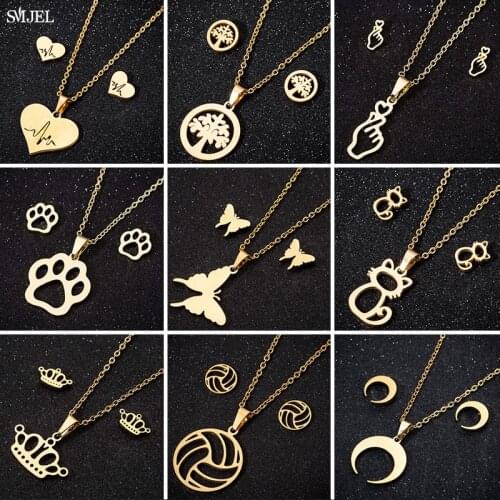 Stainless Steel Necklaces for Women 2020 Fashion Cat Crown Life Tree Moon Heart Necklaces Earings Show Your Love Jewelry Gifts