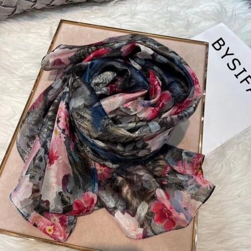 [BYSIFA] Grey Pink Women Silk Scarf Shawl Summer Floral Design Beach Shawl Cover-ups Autumn Winter Ladies Long Scarves Hijabs