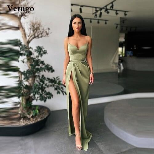 Verngo Simple Army Green/Lavender Satin Long Prom Dresses 2021 Spaghetti Straps Sweetheart High Split Sexy Formal Evening Gowns