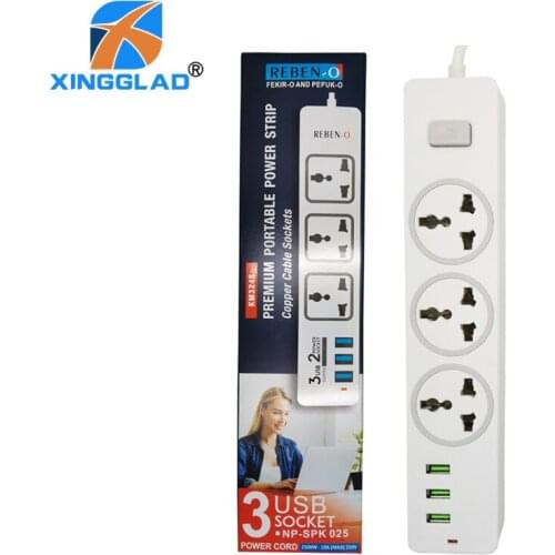 Power Strip EU Plug 2M Extension Cord Universal Socket Home Office With 3 AC Outlet 3 USB Port Charger 2500W Indicator Light