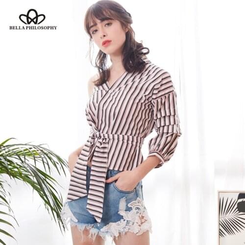 HStar 2020 Spring Sexy One Shoulder Striped Shirt Blouse Women Casual Sashes Plaid Shirt Streetwear Blouse Blusas