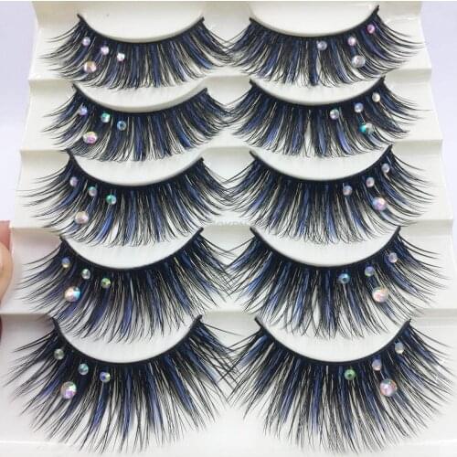 Yokpn New Stage False Eyelashes Thick Blue Rhinestone False Eyelashes Show Exaggerated Long Eyelashes Makeup Shimmery Eyelashes
