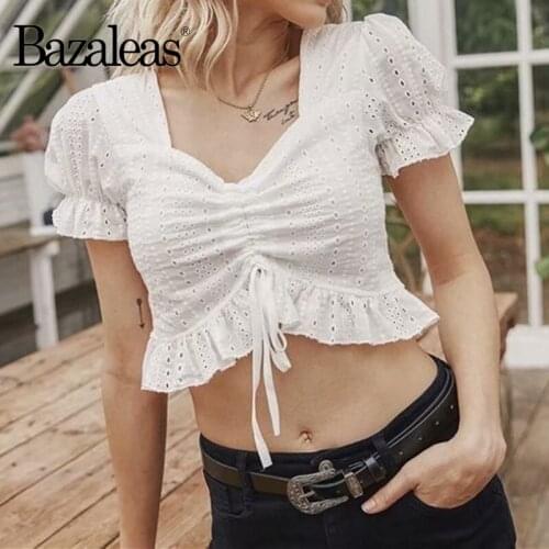 Bazaleas Chic harajuku Drawstring shirt Vintage Cropped Blouse Fashion Hollow Out blouse women