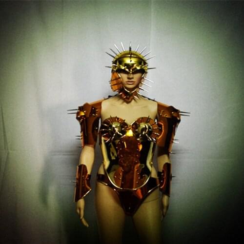 Sexy armor Space show future technology Gold mirror robot suit women stage catwalk wears performance bodysuit dj costume