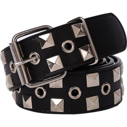 Hongmioo Brand New Designer Mens Belt Black Metal Pyramid Studded Leather Belt For Women Dress Luxury Punk Rock Free Shipping