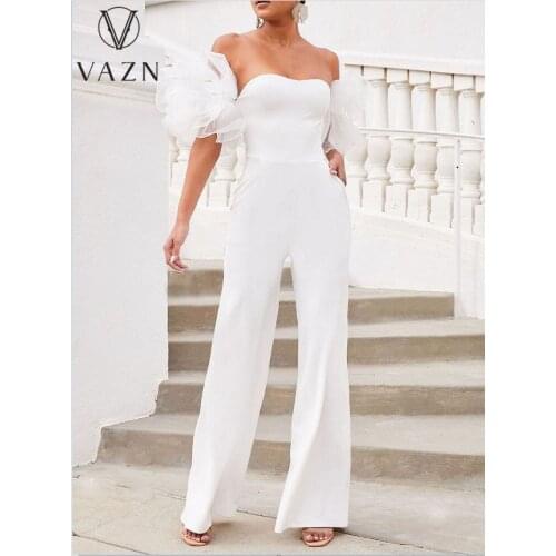 VAZN 2021 Spring High-end White Sexy Club Elegant Chiffon Jumpsuit Strapless Short Sleeve High Waist Womens Wide Leg Jumpsuits
