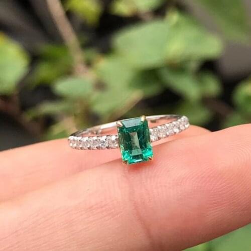 AEAW Jewelry 18K White Gold 0.5ct Natural Real Emerald Ring Anniversary Real Diamond Ring Green Gemstone Ring Women Jewelry