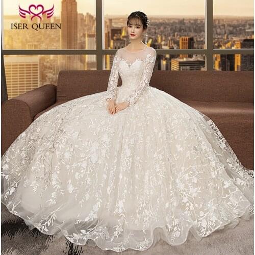 Long Sleeve Sheer Neck New Fashion Embroidery Appliques Arabic Wedding Dresses Ball Gown Plus Size Wedding Dress WX0117